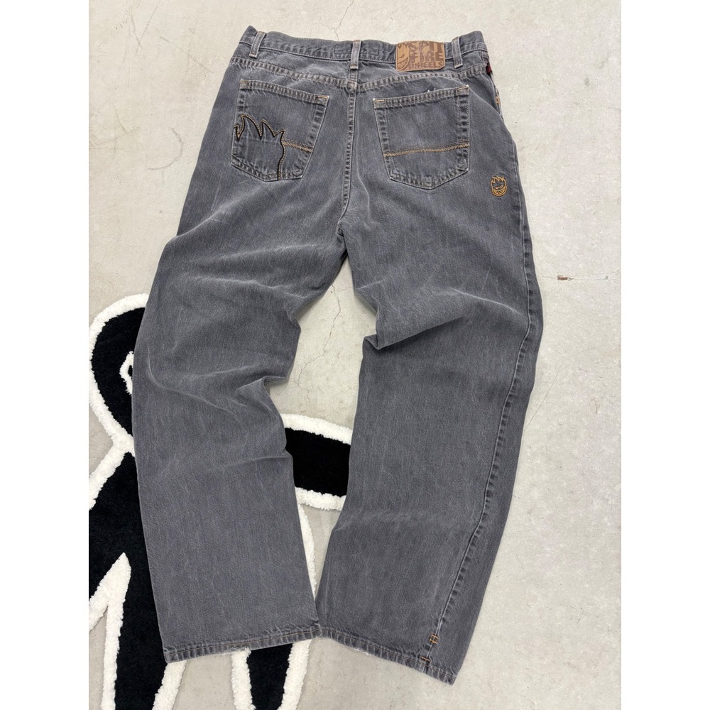 Vintage Spitfire Wheels Baggy Skate Jeans Faded Black Denim Bighead Logo 34x31